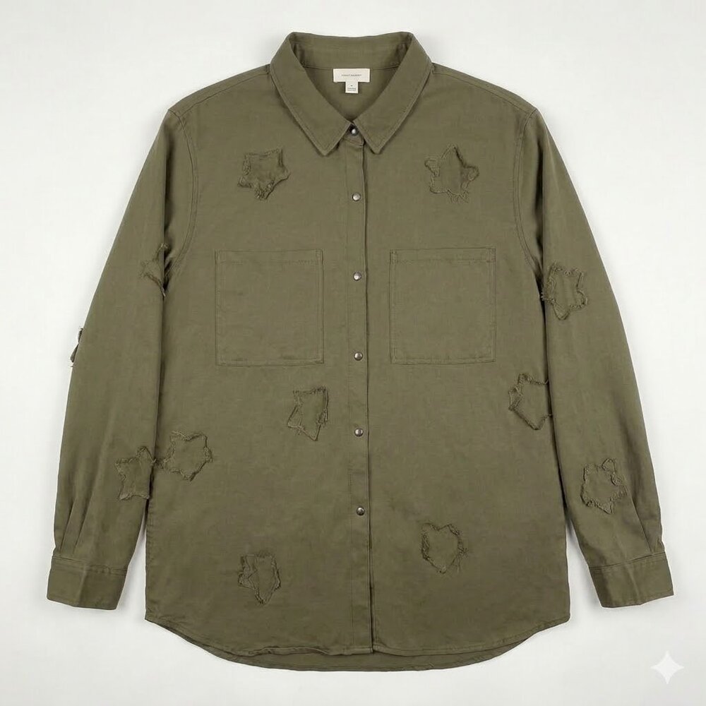 P. CILL Women's Large Olive Green Utility Shirt Star Patch Distressed Button Up